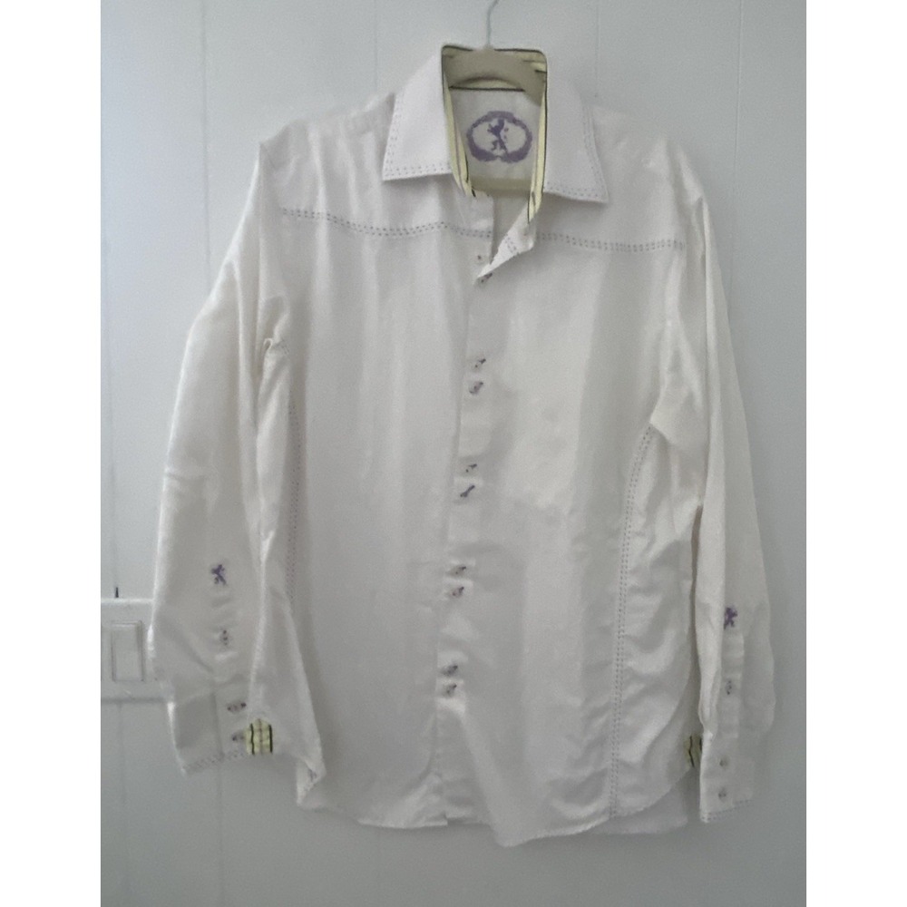 Bugatchi Shirt Mens XL Button Up Long Sleeve Embroidered Collared‎ Cotton White
